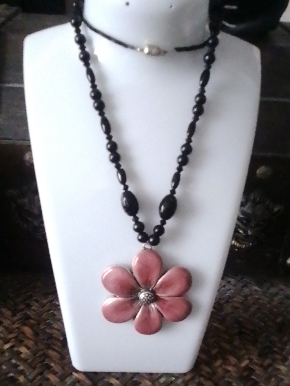 Handcrafted Pink Flower Pendant Necklace - Black Bead Chain